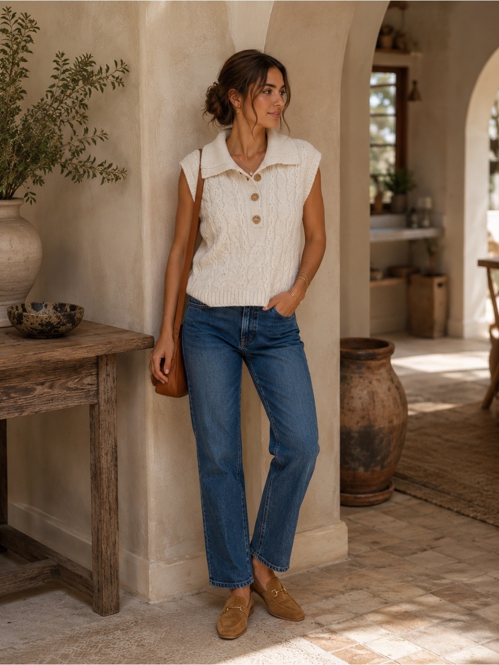 ANTHROPOLOGIE Cable Knit Sweater Vest‎ MEDIUM Ivory Button Mock Neck Turkey